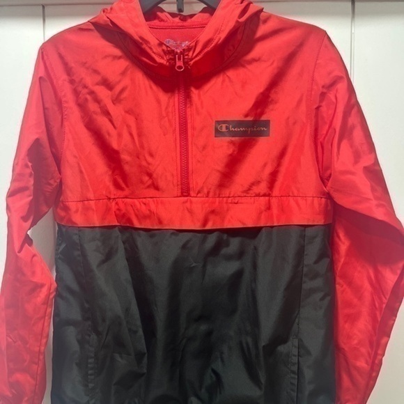 Champion Boy Stadium Red/black Windbreaker Jacket Quarter Zip Hooded Size Large - Picture 1 of 4